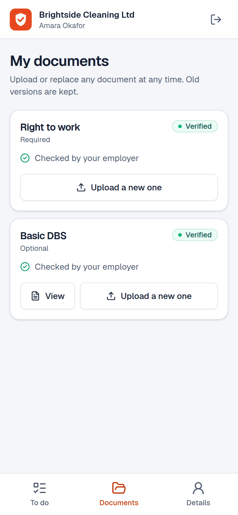 The person portal on a phone, listing their documents and statuses
